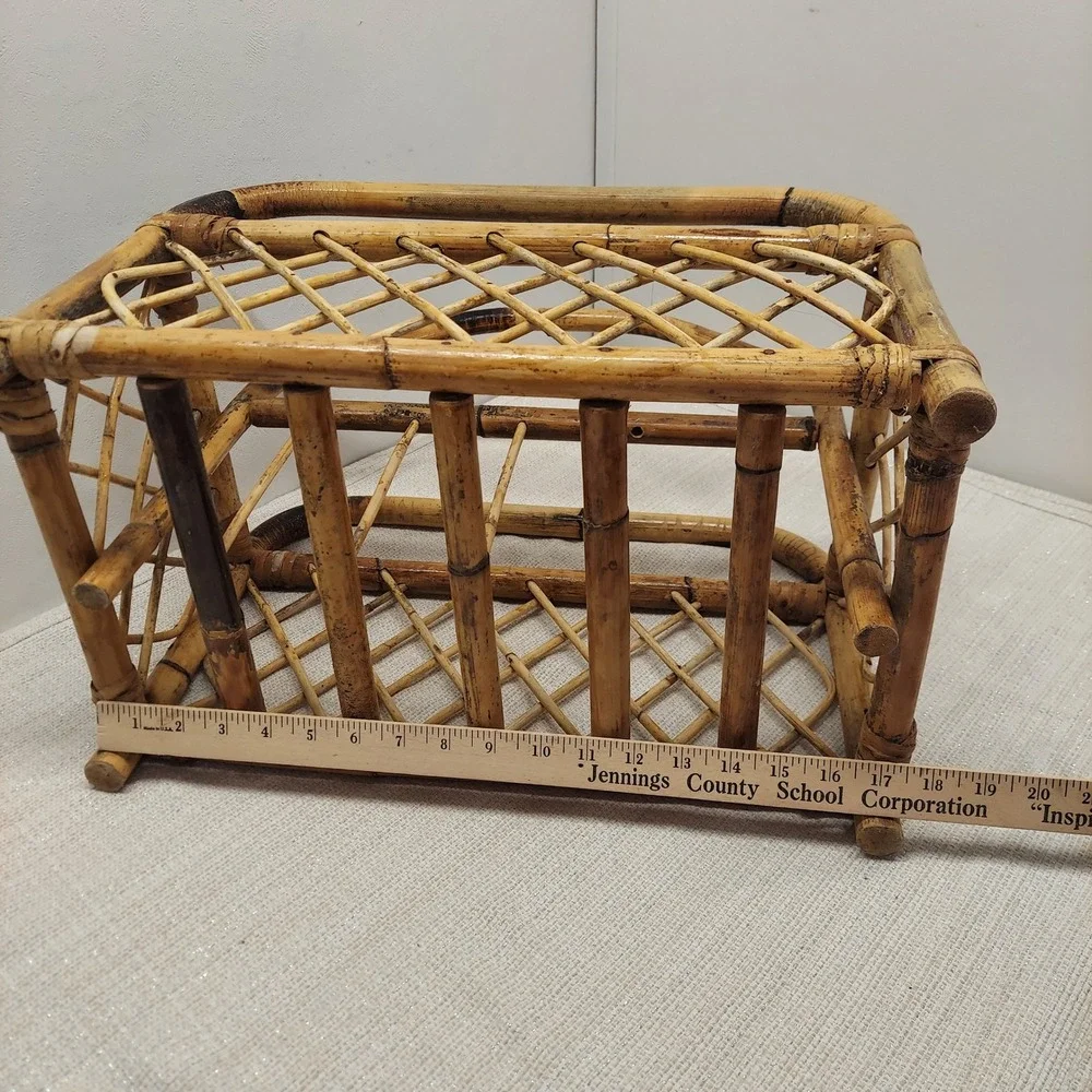 Vintage Bamboo Magazine Rack Rattan Book Caddy Boho MCM Storage Basket Handle
